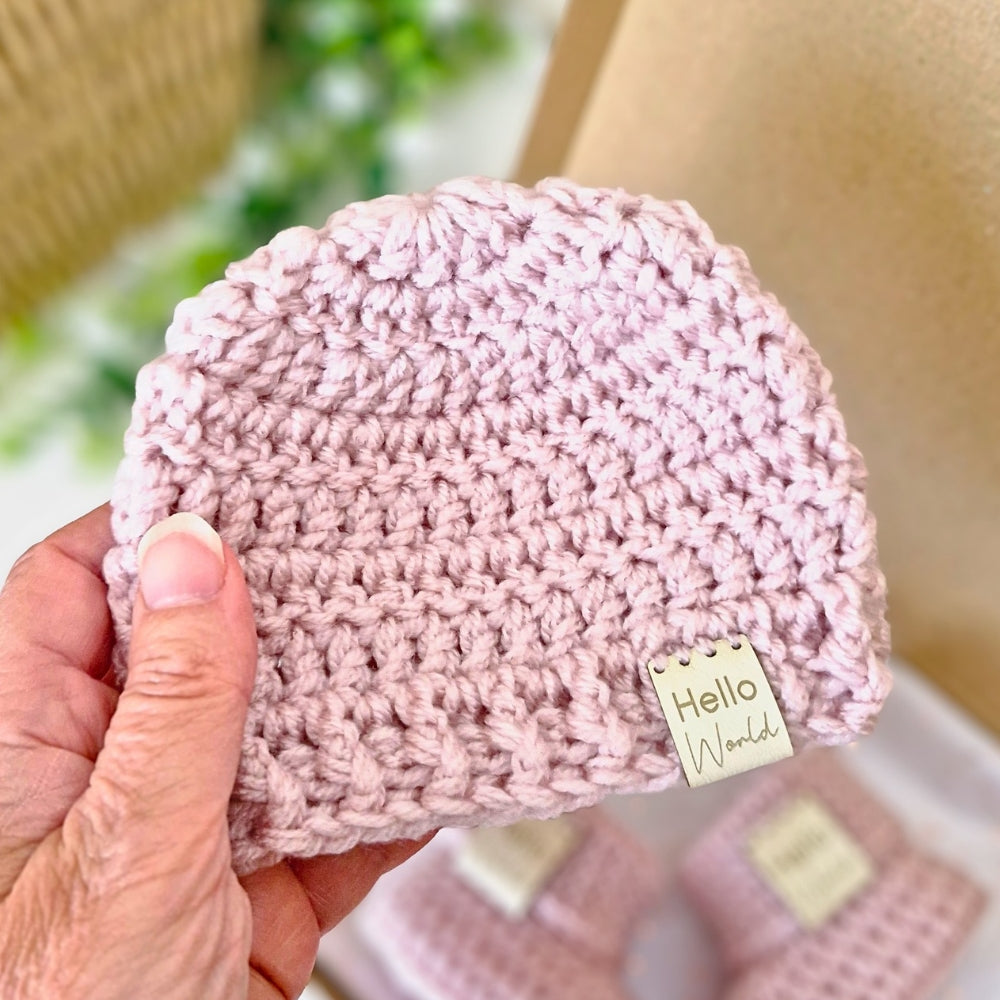 Hello World Newborn Baby Hat & Booties Set - Wild Orchid