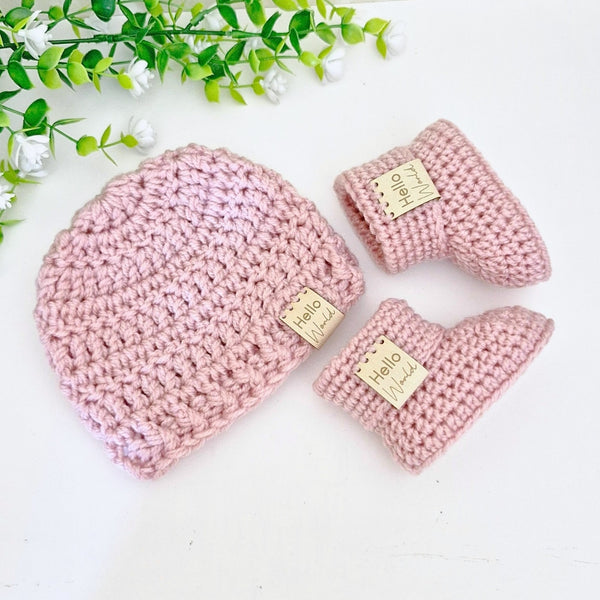 Hello World Newborn Baby Hat & Booties Set - Wild Orchid
