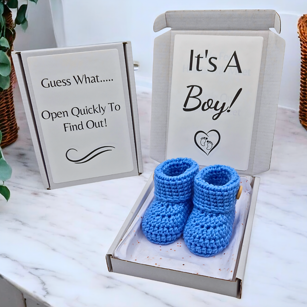 Gender Reveal Gift | It's A Boy Crochet Baby Bootie Reveal - Twisted by the Sea