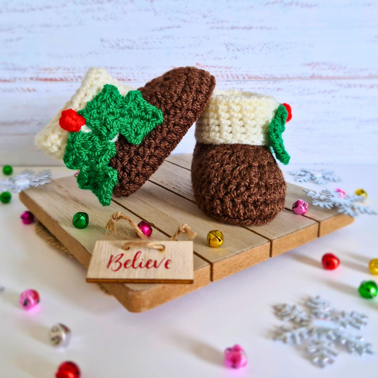 Handmade Christmas Pudding Baby Booties – Handmade Crochet Gift for Newborns – Baby Booties crafted in soft acrylic yarn and available in multiple colours by Twisted by the Sea.