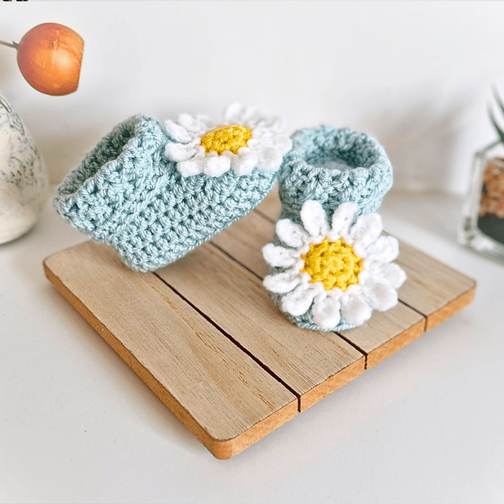 Crochet Baby Hat and Booties Set Daisy Design Newborn to 6 Months - Twisted by the Sea