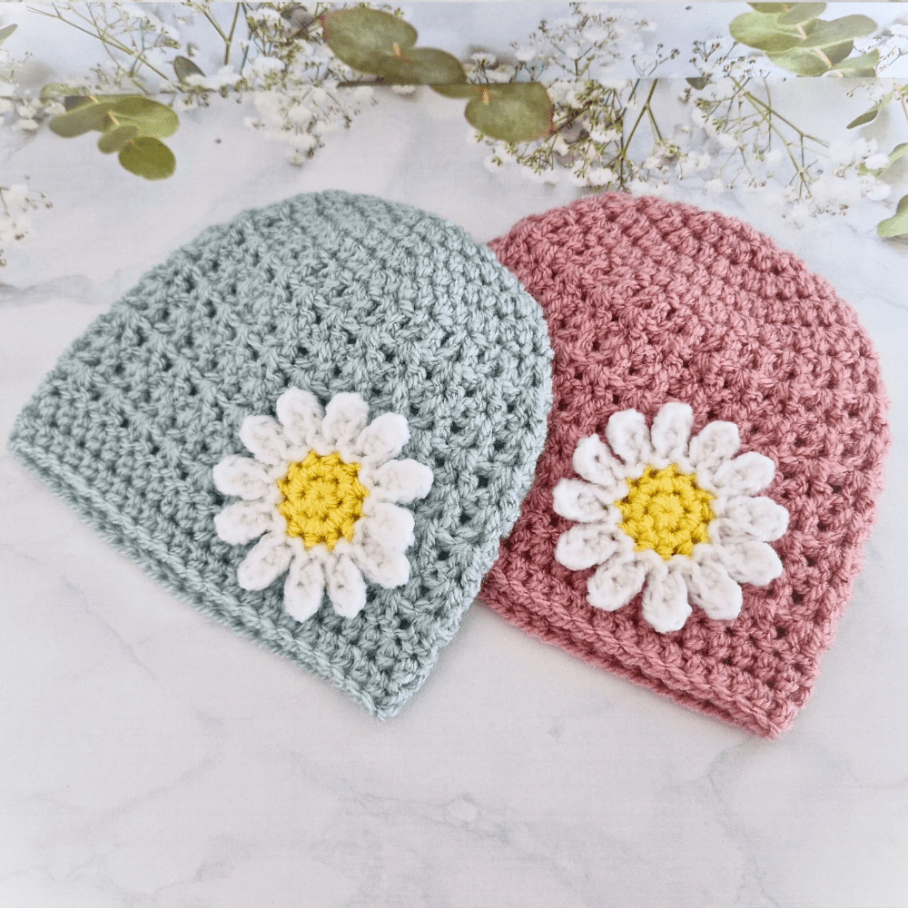Crochet Baby Hat and Booties Set Daisy Design Newborn to 6 Months - Twisted by the Sea