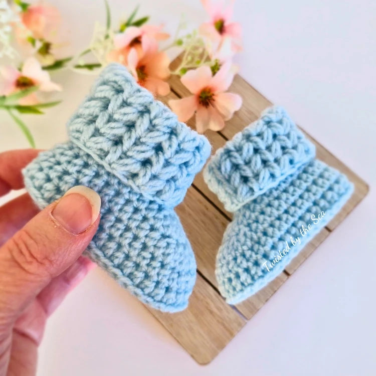 Handmade Crochet Baby Booties with Textured V Stitch Cuff - Twisted by the Sea
