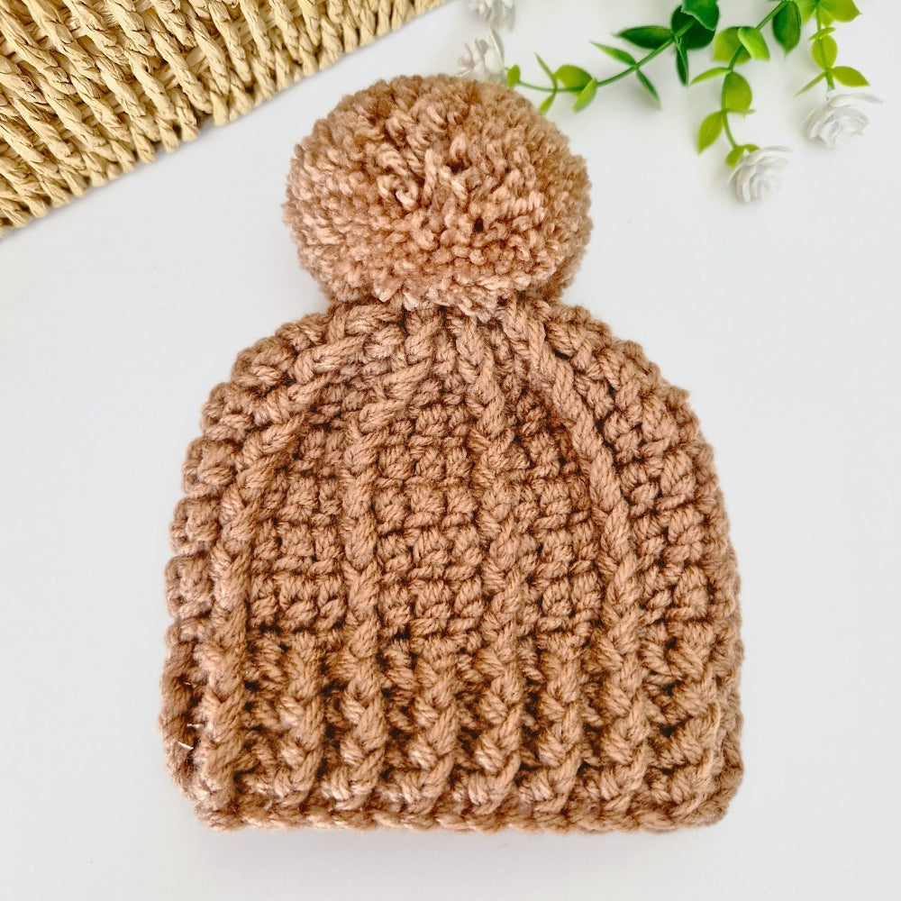 Newborn Crochet Pom Pom Hat – Mocha Brown