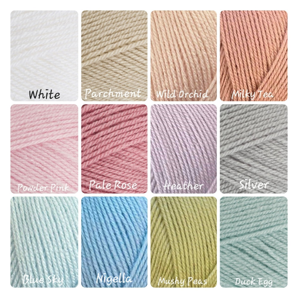 A 12-color yarn swatch chart showing 3x4 samples of different yarn colors with their names printed below: White, Parchment, Wild Orchid, Milky Tea, Powder Pink, Pale Rose, Heather, Silver, Blue Sky, Nigella, Mushy Peas, and Duck Egg.